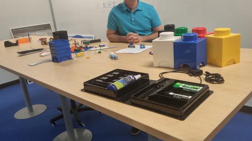 AT&T calls this room the 'ideaition' room. It's filled with building blocks and Play-Doh. IoT Foundry Director Chris Lee says projects can start with a few blocks of Lego and a blob of blue clay representing the LED.
