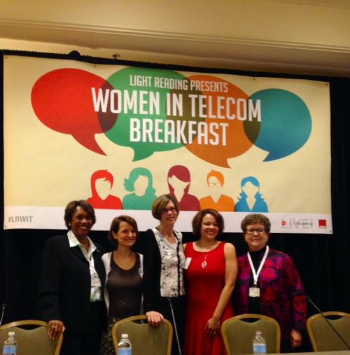 Heavy Reading's Roz Roseboro, Sprint's Anne-Louise Kardas, Ixia's Bethany Mayer, Intel's Monique Hayward and Light Reading's Carol Wilson pose for the camera after a lively panel discussion Tuesday.