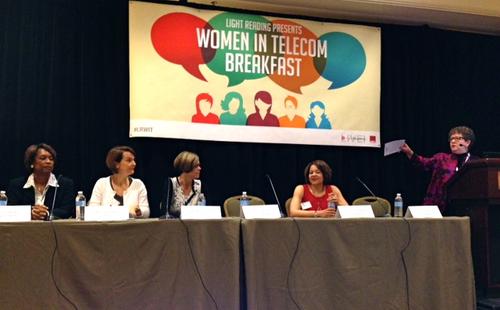 Light Reading's Carol Wilson introduces the panelists: (from left to right) Heavy Reading's Roz Roseboro, Sprint's Anne-Louise Kardas, Ixia's Bethany Mayer and Intel's Monique Hayward.