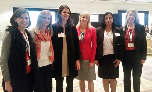 Speakers at Women in Telecom gear up for the panel. From left: Liz Coyne, The New IP editor; Sarah Thomas, Light Reading's editorial operations director; Vanessa Slavich, head of talent and diversity programs for Square; Judy Little, VP of strategic alliance management for Ericsson; Pinder Chauhan, head of global technical support for CommScope; and Julie Stoughton, senior director of industry marketing for SAP. Not pictured: Carol Wilson, Light Reading editor-at-large.