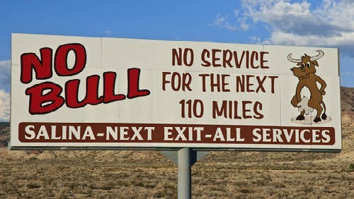 Salina is lacking in more services than merely cellphone reception. On a long stretch of highway between Salina and Green River, Utah, there aren't services of any kind for more than 100 miles. Not being able to call for AAA makes your trip a lot longer when you run out of gas at mile 68.  This unique expanse of asphalt has improved its cell signal in the past several years (rumor has it), but not by much. Travelers are still routinely stranded, making for some pretty interesting hitchhiking stories, we'd imagine. 