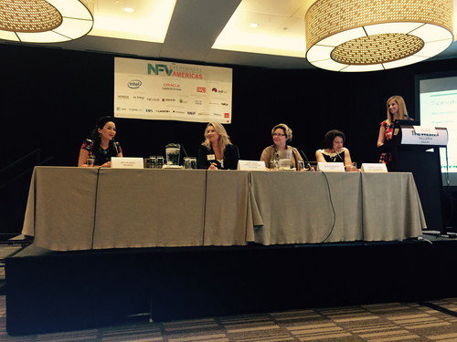 GenBand's Bita Milanian (left) makes a point as (left to right) Verizon's Nancy Green, AT&T's Brooks McCorcle and Intel's Monique Hayward listen and moderator Sarah Thomas of Light Reading looks on.