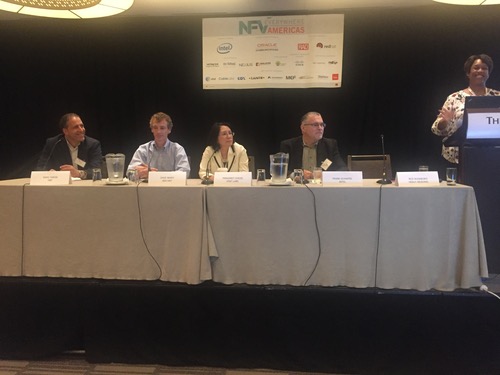 Heavy Reading analyst Roz Roseboro introduces panelists Rami Yaron of MEF, Red Hat's Dave Neary, AT&T Labs' Margaret Chiosi, and Intel's Frank Schapfel.