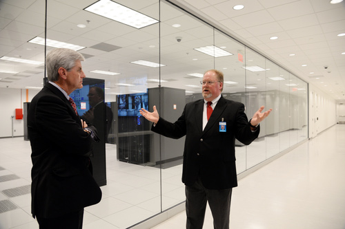 C Spire Vice-President of Cloud Services Tad Hamilton gives Mississippi Governor Phil Bryant a tour of C Spire's new $23 million data center in Starkville, Miss.
