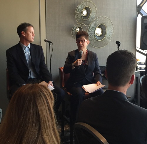 FCC's Gigi Sohn (right) joins Incompas CEO Chip Pickering in promising CEOs that the agency is still fighting for better rules for competition.