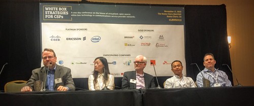AT&T's Ken Duell, Mellanox's Chloe Jian Ma, Pica8's Steve Garrison, Centec's James Sun, and Brocade's Michael Bushong (l-r)