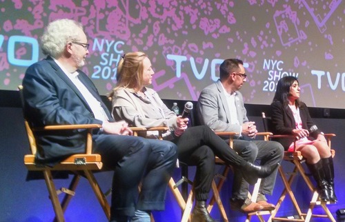 Participants in the TV of Tomorrow NYC event include, from left to right, Luc Perreault, VP at The Weather Network; Sherry Brennan, SVP at Fox Networks; Tony Goncalves, SVP at DirecTV; and Maitreyi Krishnaswamy, director of FiOS TV, Verizon