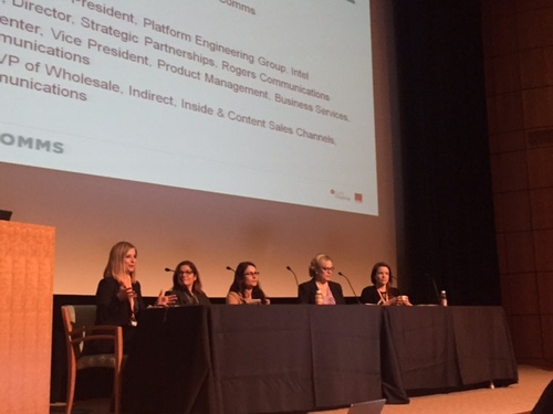 (From left): Women in Comms Director Sarah Thomas; Cynthia Carpenter, VP, Commercial Product Management, Charter Communications; Patty Kummrow, VP, Platform Engineering Group, Intel; Lisa Miller, SVP of Wholesale, Indirect, Inside & Content Sales Channels, Level 3 Communications; Marnie Miron, Director, Strategic Partnerships, Rogers Communications
