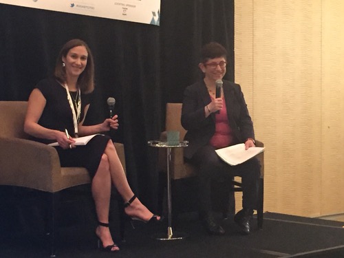 Light Reading Senior Editor Mari Silbey (left) and FCC Adviser Gigi Sohn share a moment on stage.