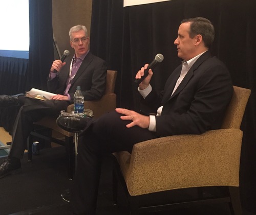 Comcast exec (right) speaks with Light Reading Cable Practice Leader Alan Breznick at the April Gigabit Cities event.