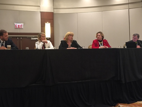 From left: Oztelcan, van der Walt, Bourque, McCorcle and Burkitt-Gray discuss how men can help level the playing field for women in telecom.