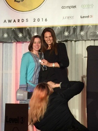 Grid4C's Noa Ruschin Rimini (right) accepts her WiC Leading Lights awards from Intel's Lynn Comp at Monday evening's awards presentation.
