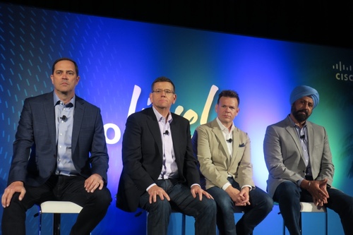 Cisco CEO Chuck Robbins; David Goeckeler, SVP and GM, networking and security business; Rowan Trollope, SVP and General Manager, IoT and applications group; and Zorawar Biri Singh, CTO and SVP, cloud services and platforms, take questions from journalists.