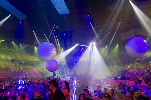 A performance worthy of a Vegas show got the crowd of 28,000 warmed up for CEO Chuck Robbins's keynote. I shot this photo about a half-hour before the keynote began; by the time it started, every seat in the arena was filled. One of those giant white 10-foot globes almost beaned me on the head while I was distracted by my camera.