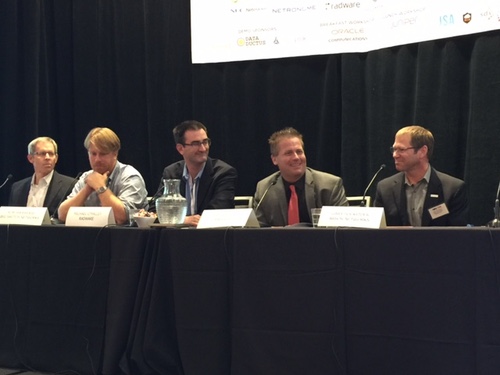 From left: Ron Renwick, senior director of product marketing, Netronome; Rob Sherwood, CTO, Big Switch Networks; Mike O'Malley, vice president strategy and business development, Radware; Ray Watson, vice president, Global Technology, Masergy; and Gary Sockrider, principal security technologist, Arbor Networks