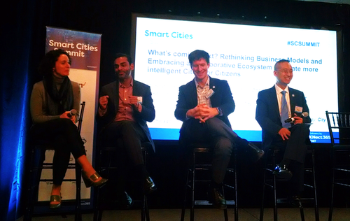 Pictured from left to right at the Informa Smart Cities Summit: CIO of Chicago Brenna Berman, CIO of Atlanta Samir Saini, CTO of Seattle Michael Matmiller and Dr. Sokwoo Rhee, Associate Associate Director of Cyber-Physical Systems Program, National Institute of Standards and Technology (NIST)