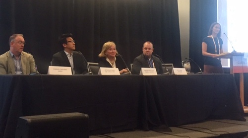 From left: Arris's Cheevers, IBB Consulting's Wang, Hitachi Consulting's Bellville, and SCTE's Harris discuss cable's wireless plans with Light Reading's Mari Silbey.
