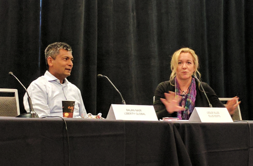 Liberty Global CTO Balan Nair talks with Leslie Ellis, the owner of Ellis Edits & Translation-please.com, at Light Reading's Cable Next-Gen Technologies and Strategies conference.
