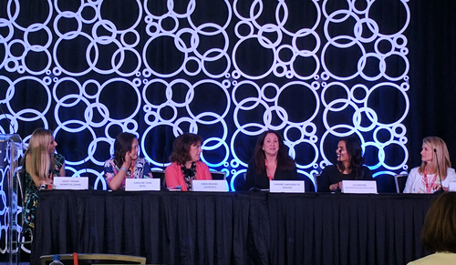 Women in Comms' Sarah Thomas moderates a panel with Caroline Chan, GM at Intel; Cheri Beranek, CEO of Clearfield; Honore Labourdette, vice president at VMWare; Liz Centoni, SVP at Cisco; and Melissa Arnoldi, president of technology development at AT&T.
