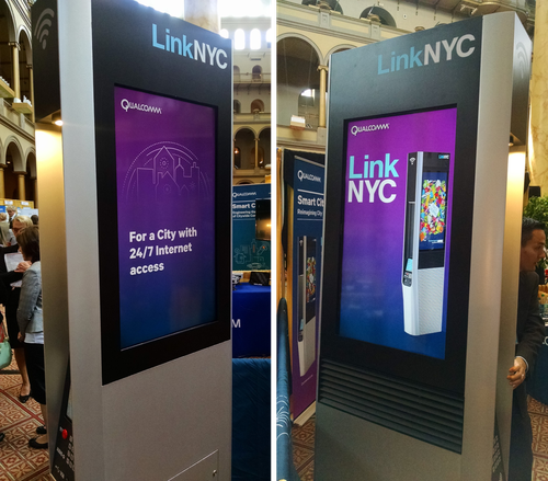 An early look at LinkNYC kiosks, which are now deployed throughout the city and delivering free WiFi service.