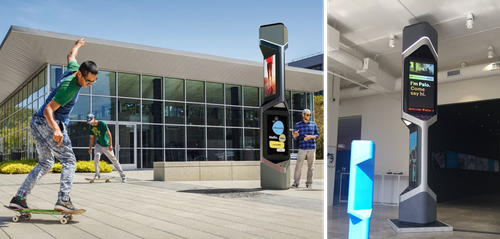 Verizon smart city kiosk pictured above, with an image from partner Frog Design on the left, and one of the kiosk in real life on the right