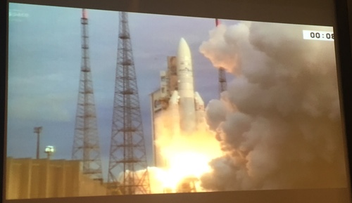 The Ariane 5 rocket takes to the skies, as witnessed by Light Reading on a big screen at Inmarsat's headquarters in London.