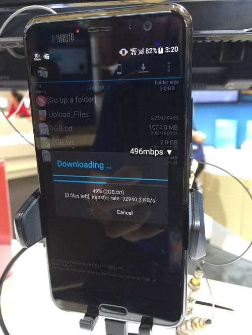 HTC U11 showing a Gigabit LTE connection over TDD Spectrum at Qualcomm's MWC Shanghai booth.