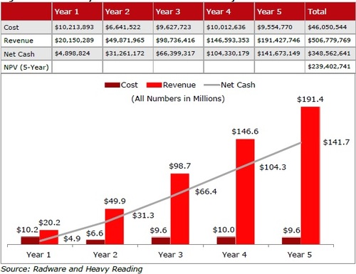 Hodges' model tracks the cost, revenue, net cash and NPV for an on-demand managed DDoS service over five years.