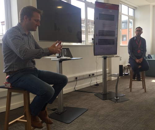 Neil Blagden (left), Vodafone UK's customer operations director, and Richard Clarke (right), its head of contact transformation, demonstrate a range of new digital technologies at the operator's offices in central London.