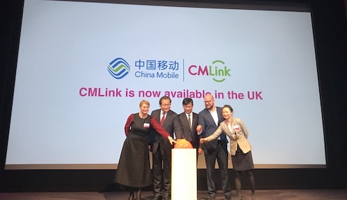 Representatives from China Mobile, BT and the City of London Mayor's office gather at a press event in London to launch CMLink.