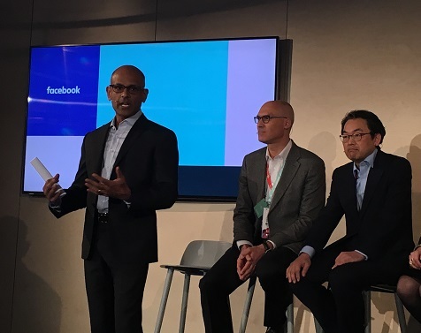 (L to R) Jay Parikh, Facebook; Johan Wiberg, Vodafone; Alex Choi, Deutsche Telekom at Facebook's press conference at MWC. Not pictured on stage were Ruza Sabanovic, Telenor Group; Emmanuel Lugagne, Orange Labs Networks; and Juan Carlos Garcia, Telefonica.