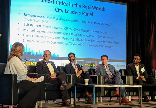 Pictured from left to right: IDC VP Ruthbea Yesner, Kansas City CIO Bob Bennett, New York CIO Samir Saini, San Diego Deputy COO David Graham and Aurora CIO Michael Pegues