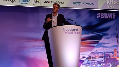 BT's Howard Watson, seen here presenting at last year's Broadband World Forum in Berlin, has been given responsibility for building the operator's 5G network.