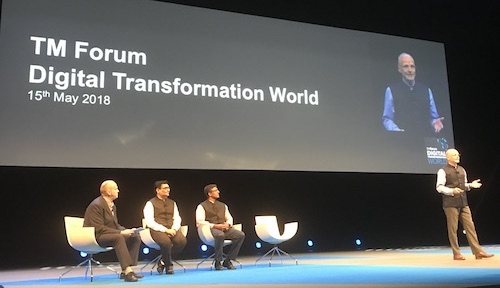 From left to right: Mark Newman, chief analyst, TM Forum; Anish Shah, president of IT, Reliance Jio; Kiran Thomas, president, Reliance Industries; Steffen Roehn, senior advisor, Reliance Jio.