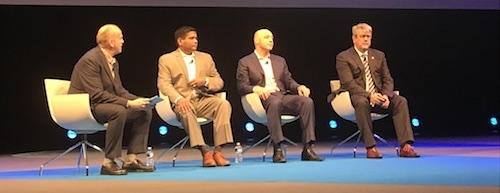 From left to right: TM Forum's Mark Newman; Shankar Arumugavelu, global CIO, Verizon; Andrew Feinberg, CEO, NetCracker; Enrique Blanco, chief technology officer, Telefonica.