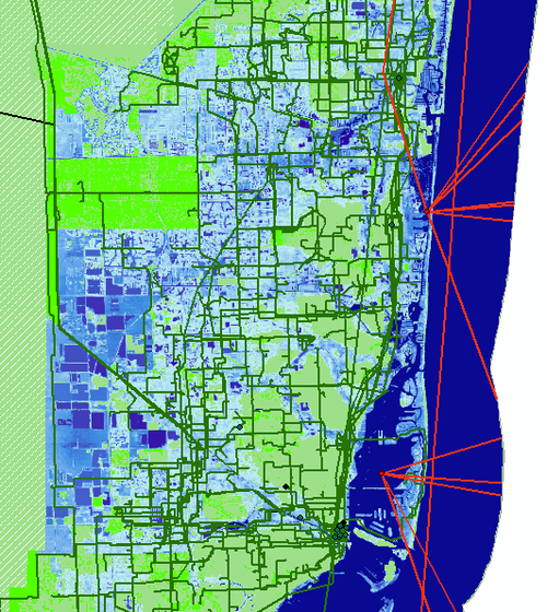 Seawater inundation projected for Miami by 2033 and its effect on internet infrastructure. Undersea cables, long haul fiber cables and metro fiber cables are shown in the red/green/black lines respectively. Anything in the blue shaded areas is estimated to be underwater in 15 years due to climate change induced sea level rise as projected by the National Oceanic and Atmospheric Administration. (Credit: Paul Barford, UW-Madison)