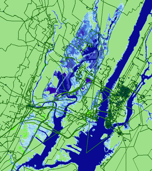 Seawater inundation projected for New York City by 2033 and its effect on internet infrastructure. Undersea cables, long haul fiber cables and metro fiber cables are shown in the red/green/black lines respectively. Anything in the blue shaded areas is estimated to be underwater in 15 years due to climate change induced sea level rise as projected by the National Oceanic and Atmospheric Administration. (Credit: Paul Barford, UW-Madison)