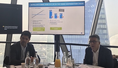Bruno Cattan, Eutelsat's terminals and systems director, and Gerry O'Sullivan, the company's executive vice president of global TV and video, unveil Cirrus during a press briefing in London.