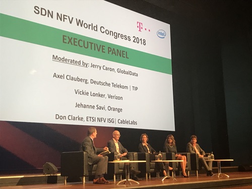 From left to right: GlobalData's Jerry Caron; CableLabs' Don Clarke; Orange's Jehanne Savi; Verizon's Vickie Lonker; Deutsche Telekom's Axel Clauberg.