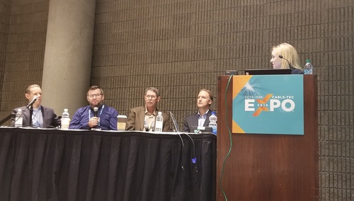 Panelists here talked up RDK's global aspirations. Pictured (left to right): Ed Shrum, Cox; Fraser Stirling, Comcast; Bill Warga, Liberty Global; Steve Heeb, RDK Management; and session moderator Leslie Ellis.