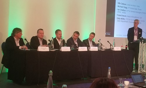 Talking WiFi and gigabits in London (left to right): Michael Clegg, Plume; Ian Challinor, AirTies; Frode Elverum, Get; Eddy Motter, Huawei; Uffe Callesen, Stofa, and panel moderator Alan Bresnick, Light Reading. 