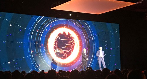 Orange CEO Stephane Richard and Deutsche Telekom CEO Timotheus Hottges address a packed hall in Paris this morning. 