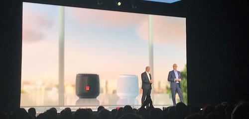 Orange's Stephane Richard (left on stage) and Deutsche Telekom's Timotheus Hottges (right) unveil their new smart speakers at Orange's annual Hello show in Paris this month.
