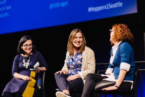 Microsoft's Kiki Tsagkaraki (left), Redfin CTO Bridget Frey (center) and Microsoft Corporate Vice President Laura Butler (right) at the Hopperx1 Seattle conference.
(Source: GeekWire)