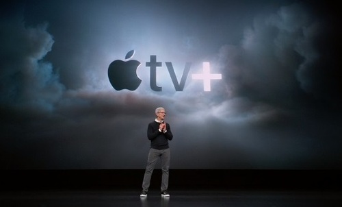 Apple CEO Tim Cook introduces Apple TV+, a subscription streaming service that will also let users download titles for offline viewing. Pricing will be announces this fall, when Apple enters the already-crowded premium OTT video market.