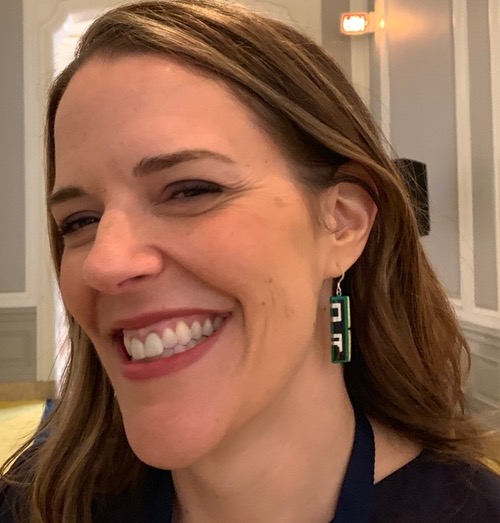 Intel's Lisa Spelman sports Optane earrings, reproductions of the Intel memory product, made by a local crafter in Portland, Ore.