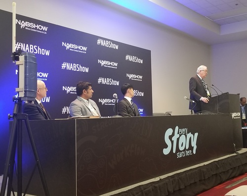 ATSC 3.0 was the topic of the day Monday at NAB during a presser with (right to left) Sinclair's David Smith; Joseph Lee, VP, head of technology innovation at SK Telecom; Parag Naik, CEO of Saankhya Labs; and John Hane, CEO of Spectrum Co. An ATSC 3.0 radio head, for deployment on cell towers, is shown on the far left.
