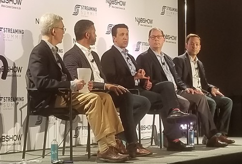 Light Reading's Alan Breznick (far left) moderated a panel that featured (from his left) Nii Addy, Philo; Adam Lewinson, Tubi; Brett Sappington, Parks Associates; and Mitch Weinraub, AirTV, Dish Network and Sling TV.