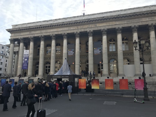 Outside the venue for Orange's conference about 5G services in the business sector.