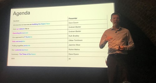 Dave Dyson, Three UK's CEO, updates analysts and reporters on the company's IT transformation program at a venue in central London earlier today.